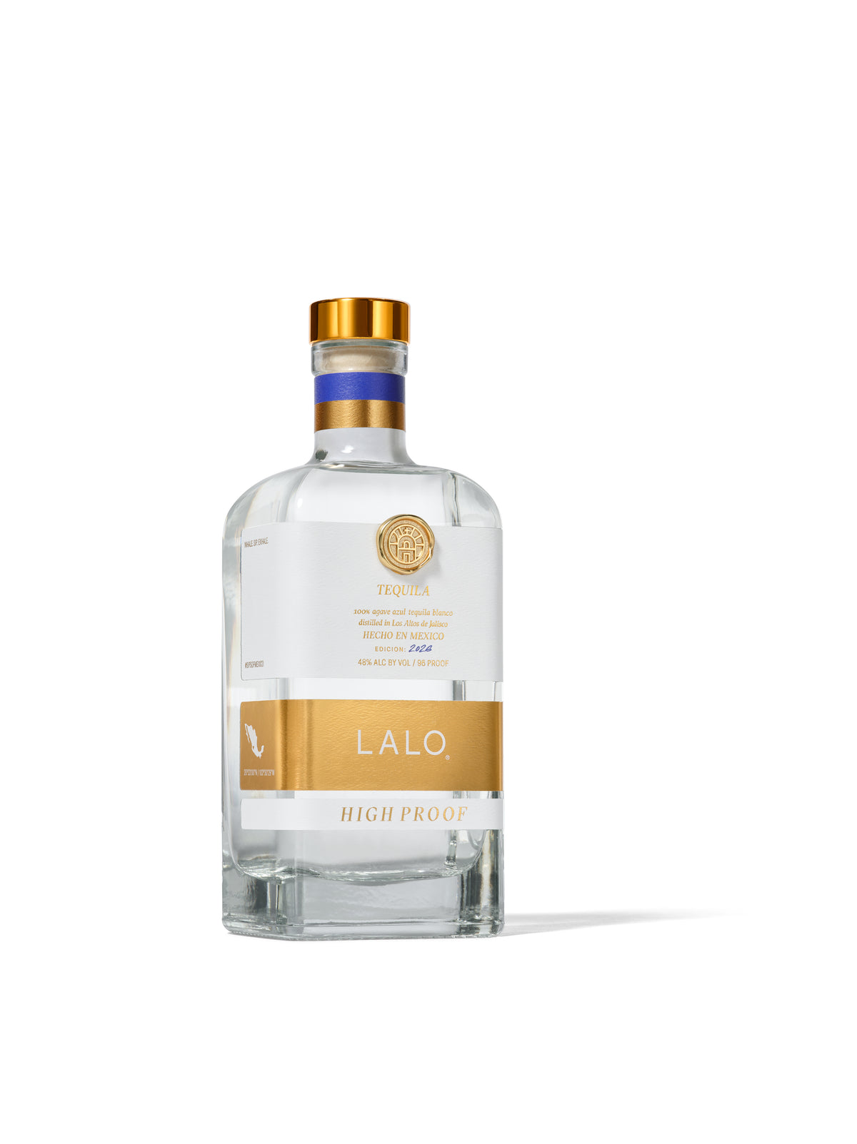 Angled view of the LALO High Proof 2026 tequila bottle.