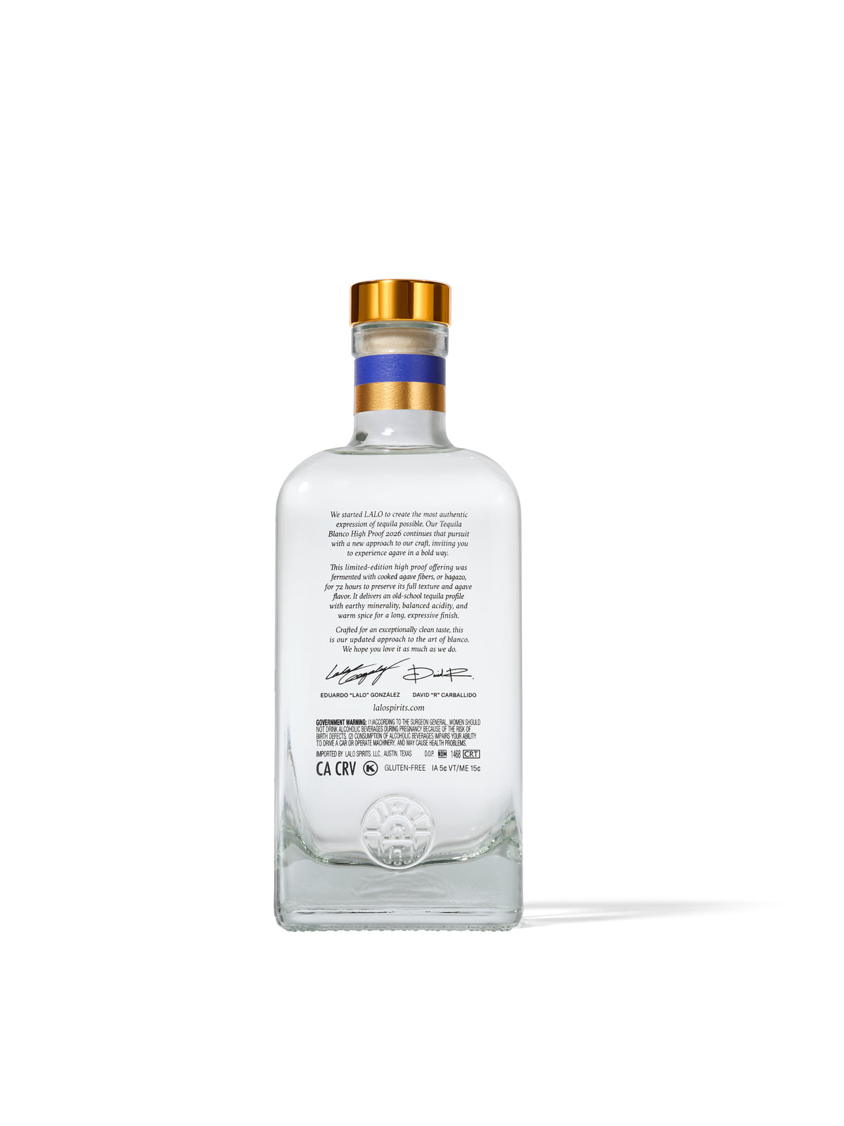 Rear label view of the LALO High Proof 2026 tequila bottle.