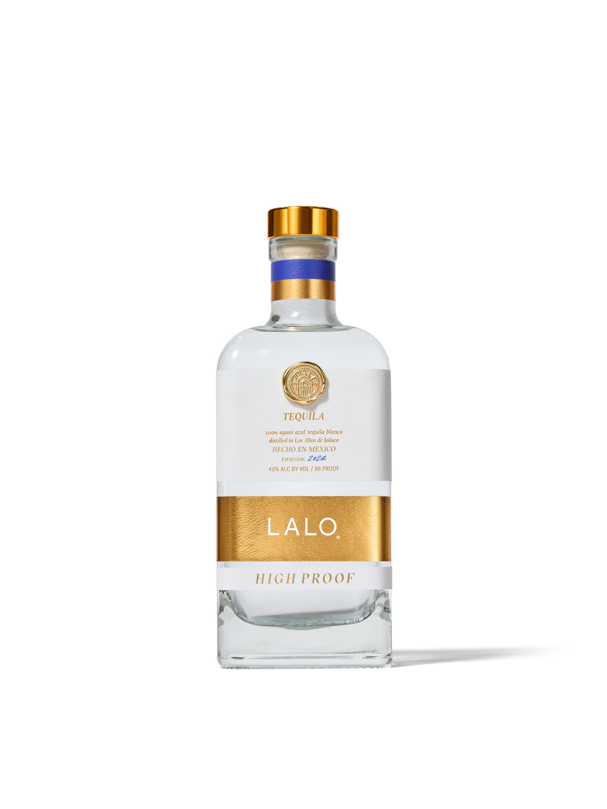 Front view of the LALO High Proof 2026 tequila bottle, 48% ABV.